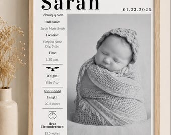 Modèle photo personnalisé de statistiques de naissance de bébé (canva modifiable 11 x 14)