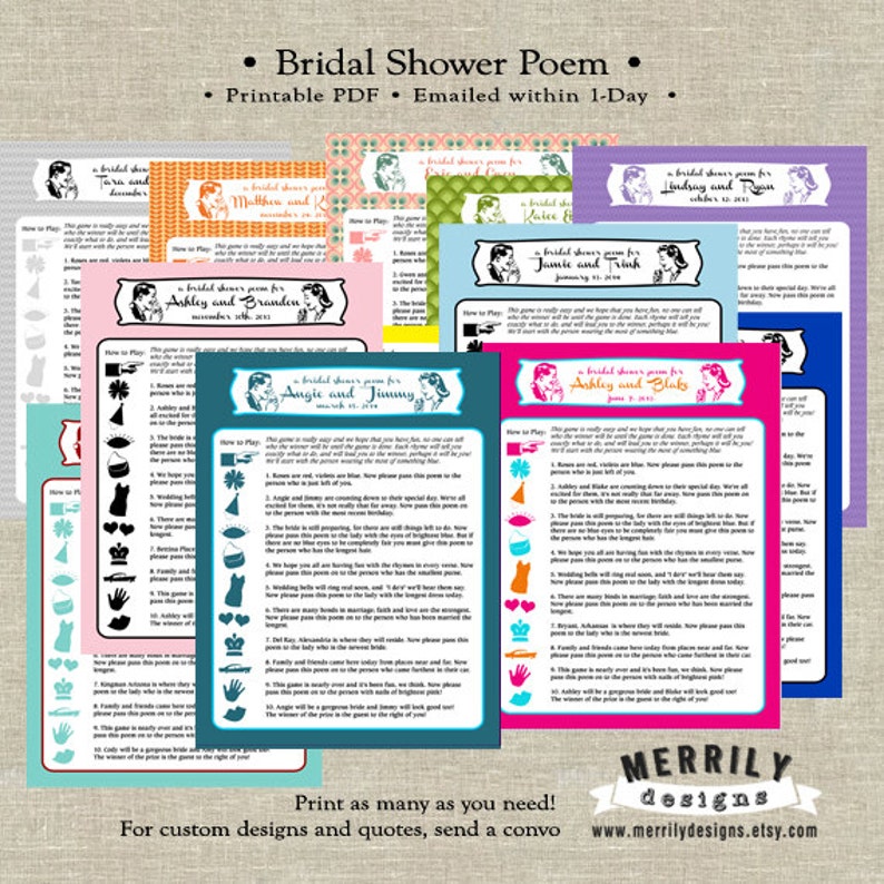 Bridal Shower Game Printable Retro Personalized Poem for | Etsy
