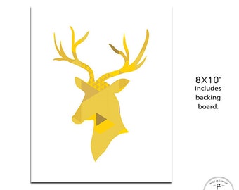 Yellow Deer, with Geometric Design, 8x10", Wall Art, Deer Wall Art, Shades of Yellow, Cottage Wall Art, Artwork for Your Office, Canadiana