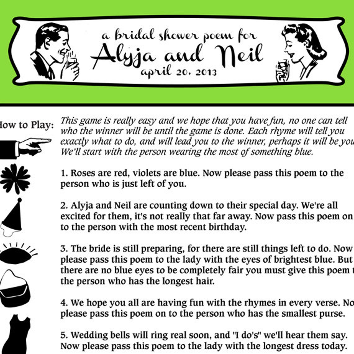 Bridal Shower Game Printable Retro Personalized Poem for | Etsy