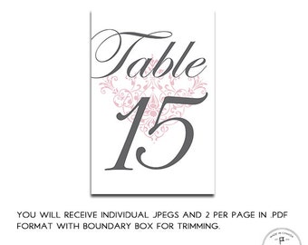 4x6" Printable Grey and Pink Scroll Table Numbers for Wedding or Event, 1 to 15, Elegant Script, Printable Table Numbers, Modern Party Decor