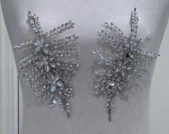 3D Silber Applikationen/3D Strass Blumen Haarschmuck/ kommt paarweise 004