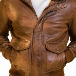 Men&#39;s Brown Sheepskin Leather Bomber Jacket: Shearling Collar, Waxed Finish