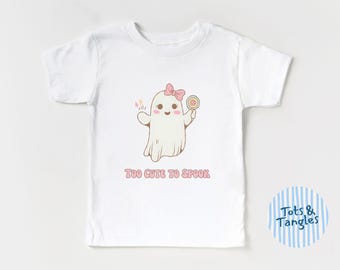 Muito fofo para assustar, camiseta personalizada de fantasma de Halloween para meninas, camiseta infantil de Halloween para meninas, camiseta fofa de outono para meninas, camiseta moderna para a estação assustadora
