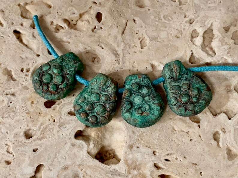 earthy tribal primitive stoneware clay #13476 black wabi sabi. rustic 8 bead drops small pendants turquoise \u2026copper patina..