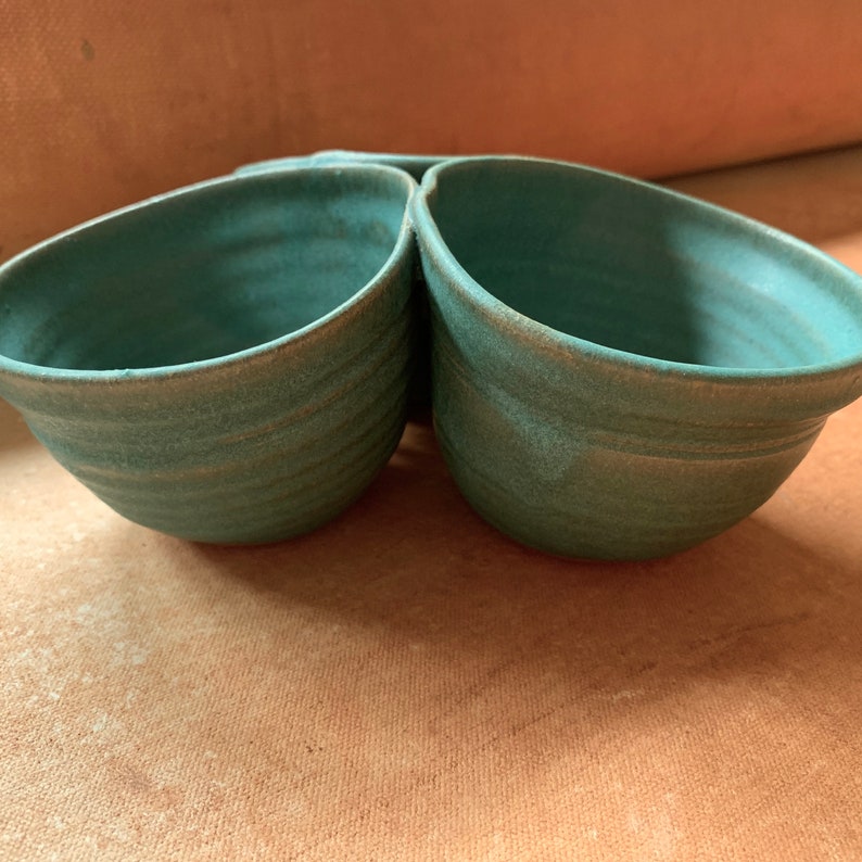 stoneware pottery clay appitizer turquoise glaze boho primitive,#9477 salsa bowl Hand thrown Tri condiment earthy rustic wabi sabi
