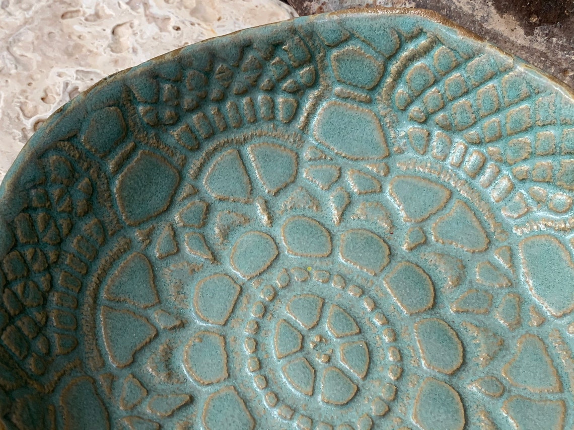 Embossed pottery bowl turquoise semi matte glaze rustic Etsy