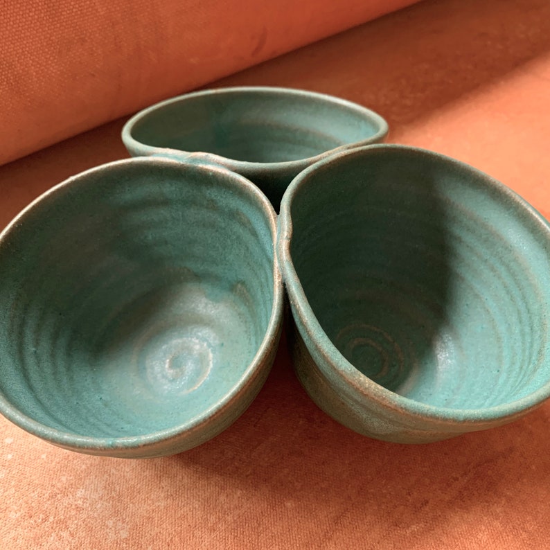 stoneware pottery clay appitizer turquoise glaze boho primitive,#9477 salsa bowl Hand thrown Tri condiment earthy rustic wabi sabi