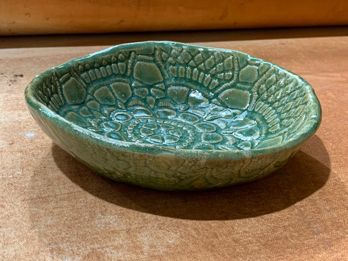 Embossed pottery bowl green turquoise gloss glaze rustic Etsy