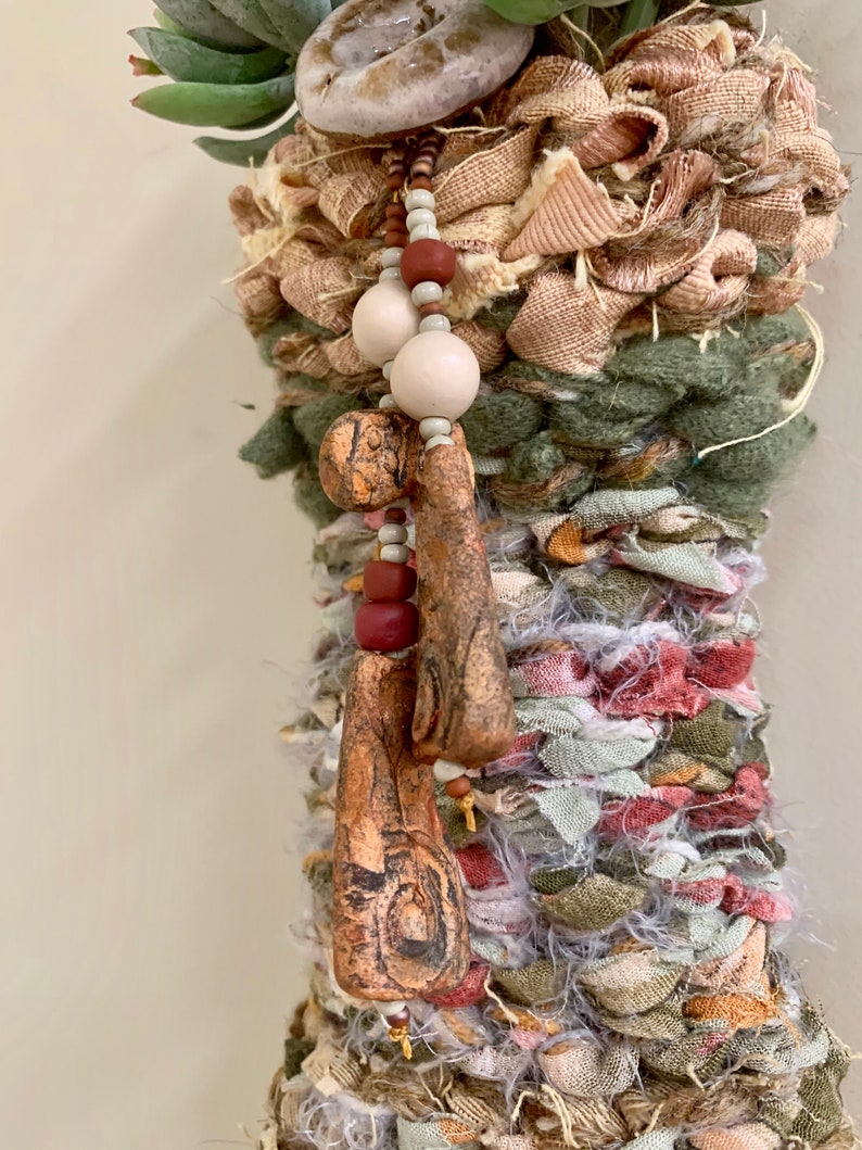 Earth tones At Home InTaos button and beads #11529 Rag Wall basket made with recycled fabric novelty yarns