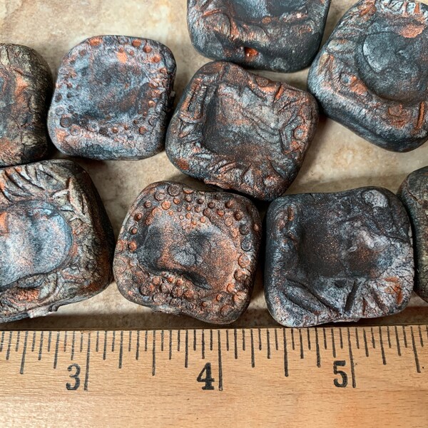 2 Large pottery beads made with stoneware clay with a  dirty black, and copper patina, focal bead. #12794