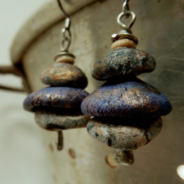Boho, Rustic, Artisan earrings made with my hand formed clay bead pods, headpins by Crows Cache Supplies, and bone beads..