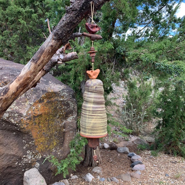 Stoneware pottery bell with 2 bird beads, assorted AtHomeInTaos beads, earthy leather brown glaze, wind chime,  garden art, yard art #12298