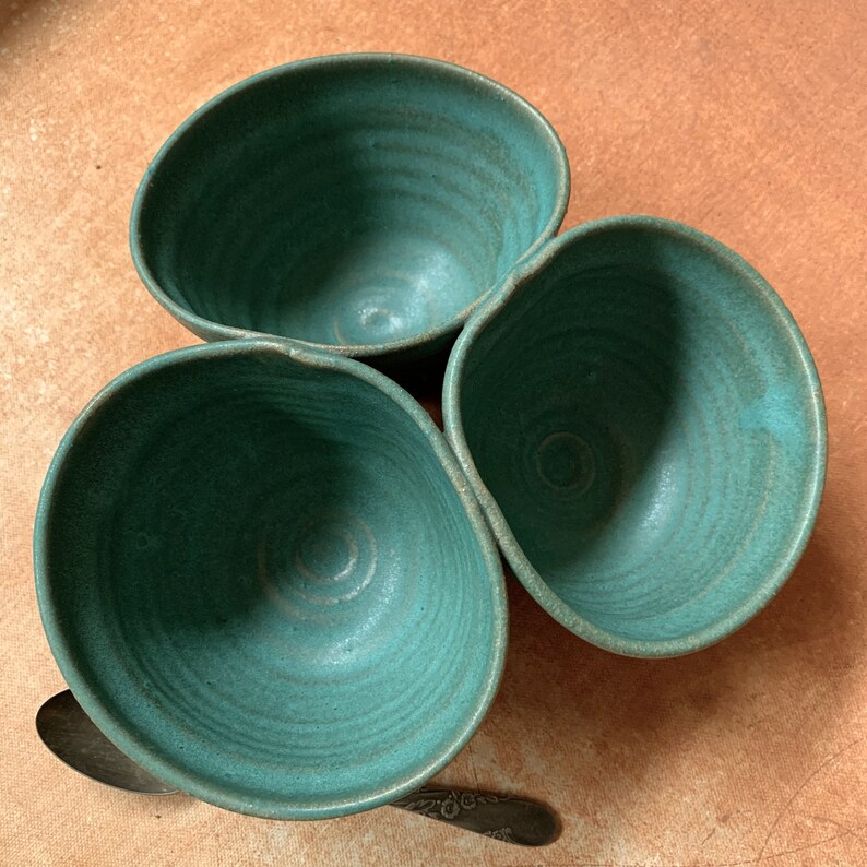 stoneware pottery clay appitizer turquoise glaze boho primitive,#9477 salsa bowl Hand thrown Tri condiment earthy rustic wabi sabi