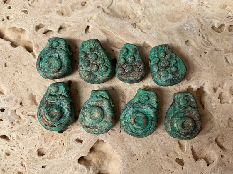 earthy tribal primitive stoneware clay #13476 black wabi sabi. rustic 8 bead drops small pendants turquoise \u2026copper patina..