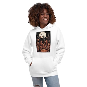 Halloween Graveyard Party Hoodie – Retro 70s 80s Monster Crowd, Vintage Gothic Full Moon, Spooky Horror Pullover Hoodie