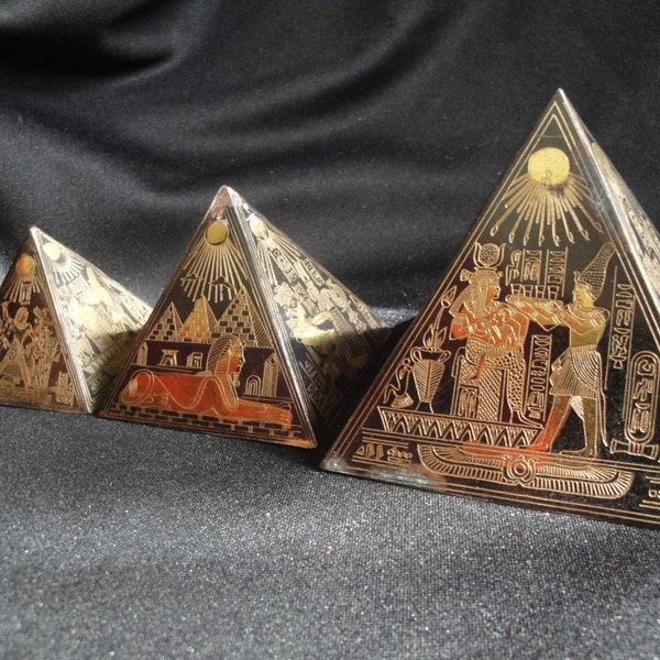 Set of 3 Vintage Engraved Brass Egyptian Pyramid Paperweights