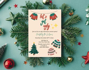 Invito per una festa con un brutto maglione natalizio - Download digitale modificabile / Invito divertente per le feste / Modello Canva