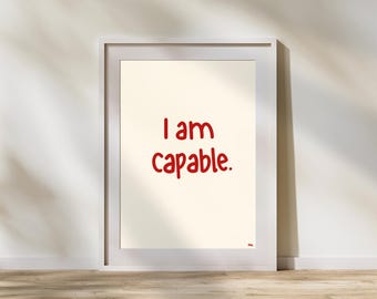 I Am Capable Print: Red Beige Minimalist Affirmation Poster (Digital Download)