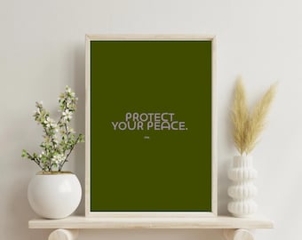 Protect Your Peace Print: Minimalist Green Pink Inspirational Art (Digital Download)