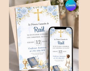 Invitación Comunión Niño Editable Canva, First Communion Invitation Template, Invitación Primera Comunión Digital, Plantilla Comunión