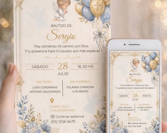Invitación de Bautizo niño o niña, editable en Canva, Flores acuarela en tonos azul pastel y beige  de estilo botánico delicado y elegante.”