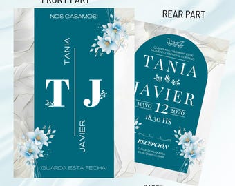 Invitación de boda moderna editable en canva, invitación de boda con flores exóticas de color Azul.