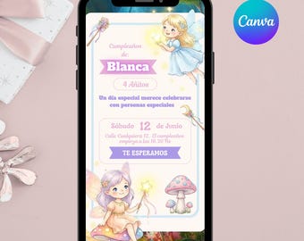 Invitación de cumpleaños Hadas, Plantilla de video animada en colores pastel, temática de hadas del bosque