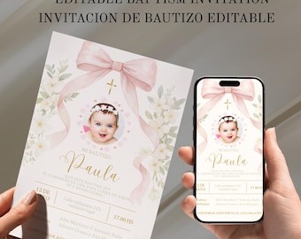 Invitación de Bautizo editable en Canva. Plantilla de Bautizo con foto de la niña.