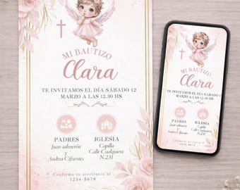 Invitación bautizo niña, Plantilla digital editable en Canva · Plantilla para Bautizo elegante