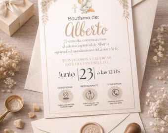 Invitación Bautizo niño Editable en Canva fácil de editar. Baptism Invitation Template, Invitación Bautizo Niño, Invitación Digital Download