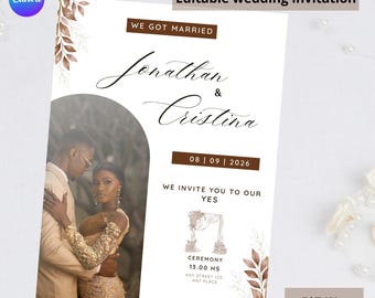 Modern wedding invitation, editable template in Canva. invitación de Boda moderna.