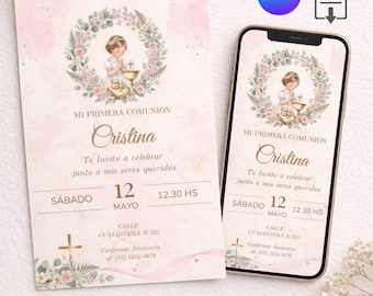 Invitación Comunión Niña Editable Canva, First Communion Invitation Template, Invitación Primera Comunión Digital, Plantilla Comunión