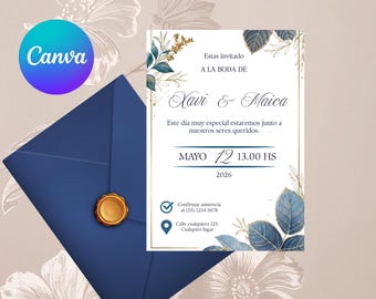 Invitación de boda elegante editable en Canva. Invitación de boda con hojas  azuladas.