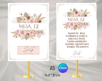 Tarjeta doble de mesa de boda, plantilla de dos caras para mesa de invitados de boda.
