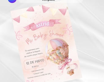 Invitación de baby shower niña, invitación editable en canva, tonos pastel con globo, plantilla baby niña