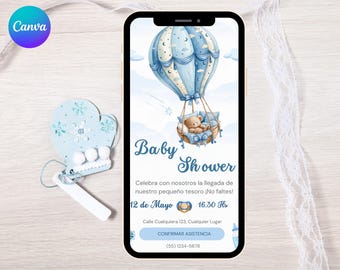 Invitación de Baby Shower niño para móvil, Plantilla de baby shower niño animada. color azul pastel