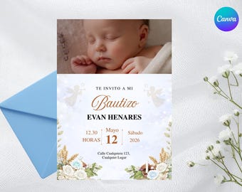 Invitación de Bautizo para niño o niña, plantilla de bautizo editable en canva. Flores en acuarela en tonos beige y azul suave.