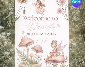 Cartel de cumpleaños niña, Cartel de aniversario temática hadas editable en canva, varios tamaños.