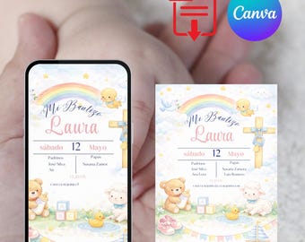 Invitación de bautizo editable con Canva