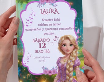 Invitación de cumpleaños Rapunzel, plantilla de cumpleaños niña, descarga inmediata, editable en canva