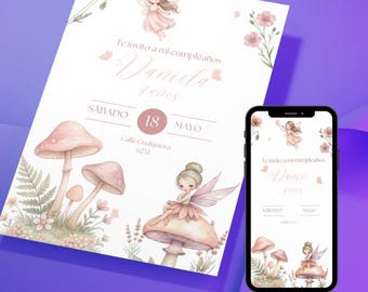 Invitación de cumpleaños niña, Plantilla de cumpleaños editable en canva, descarga inmediata. temá tica hadas acuarela rosa.