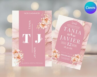 Invitación de boda moderna editable en canva, invitación con flores exóticas de color rosa pastel