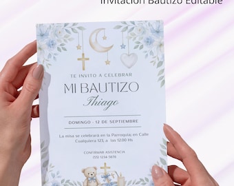 Invitación de bautizo niño, editable en Canva, Invitación de bautizo azul con flores acuarela