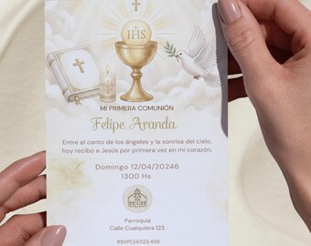 Editable First Communion Invitation for Boys in Canva, Soft Tones Communion Template for Boys