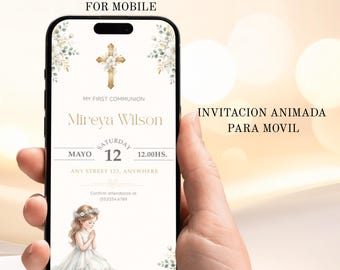 Invitación de comunión niña editable en canva, plantilla de comunión animada, video para móvil.