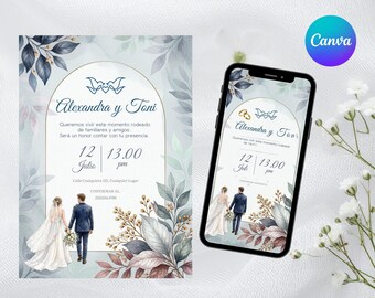 Invitación de boda elegante, editable en canva. plantilla de boda con delicadas hojas en azul y borgoña con tonos suaves.