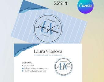 Business card, Tarjeta de negocios editable en canva, tarjeta de cara doble rayas azules