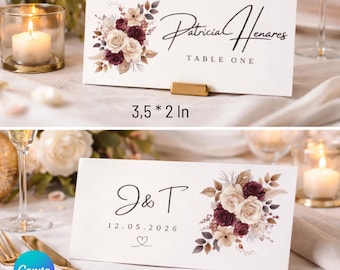 Tarjeta de mesa de boda individual, doble cara. Plantilla de tarjeta para boda con flores en acuarela romántica vintage, en color burdeos.