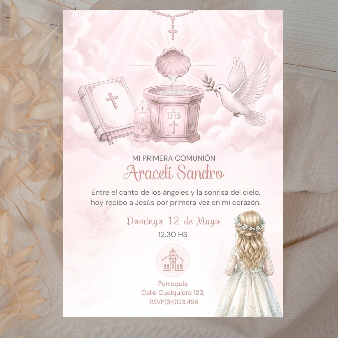 Editable Canva First Communion Invitation for Girls, First Communion ...